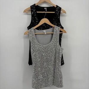 Studio Y Sequin Lace Tank Top Womens L Black Silver 2pc Bundle Fairycore Sparkle